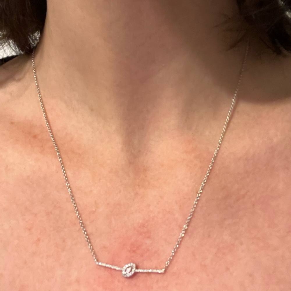 18 karat white gold diamond pave bar pendant necklace
